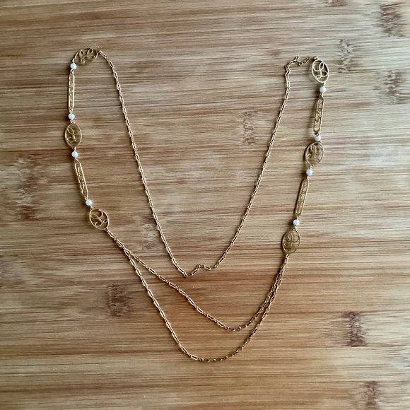 Avon Vintage Gold Tone Long Layered chain Pearl Initial Touch Necklace “L” Gift - Picture 1 of 10